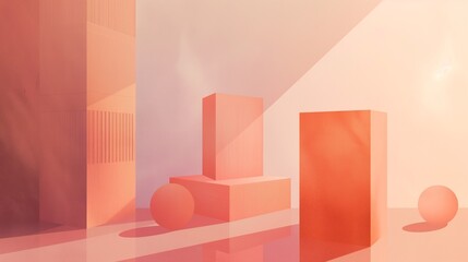 Geometric shapes floating in a void, bathed in a gradient of warm tones, creating a serene yet dynamic visual experience.