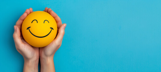 Hand holding happy smile face and sad paper cut, Positive thinking, Mental health assessment , World mental health day concept. A person is holding two smiley faces in their hands. faces are smiling