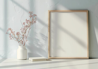 Poster frame mockup on a cement wall and flower vases, books, 3D renders