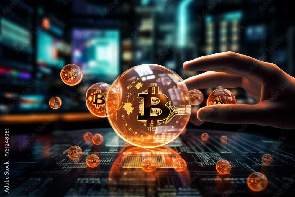 Poster Dynamic image of a hand selecting a luminous bitcoin symbol surrounded by digital orbs in a futuristic setting