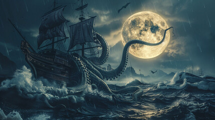 The Kraken emerges from stormy seas its tentacles encircling a doomed ship under a full moon