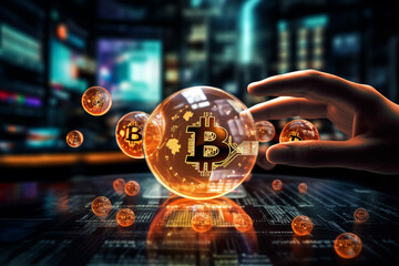 Dynamic image of a hand selecting a luminous bitcoin symbol surrounded by digital orbs in a futuristic setting
