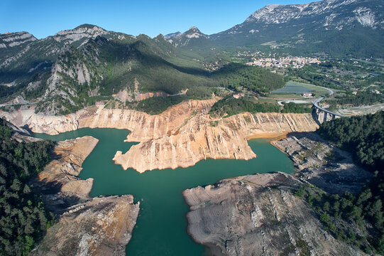 Low dam levels at Sant Llorenc de Morunys, Catalunya, Spain, Europe