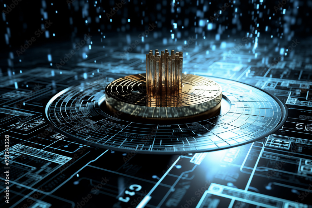 Poster 3d rendering of a golden digital coin at the center of a blue circuit board grid