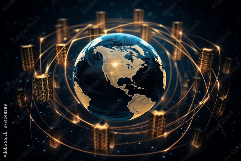 Poster futuristic global network connectivity concept with digital data exchange and worldwide networking t