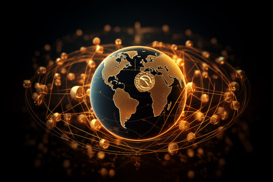 Illustration of a futuristic 3d digital global connectivity concept with glowing interconnected lines on a dark background. Depicting worldwide network and communication. International data exchange