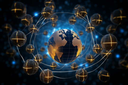 Digital composite image featuring a 3d globe with network connections symbolizing global communication