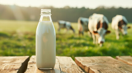 牛乳ボトルと牛のいる牧場。バナー背景 - obrazy, fototapety, plakaty