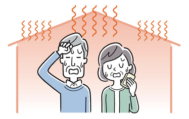 ベクターイラスト素材：家の中が暑くて困っているシニア夫婦
