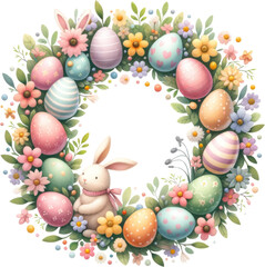 Fototapeta na wymiar Easter Floral Wreath with Bunny and Patterned Eggs, A beautifully crafted Easter wreath adorned with pastel-colored eggs, delicate flowers, and a cute bunny nestled within.