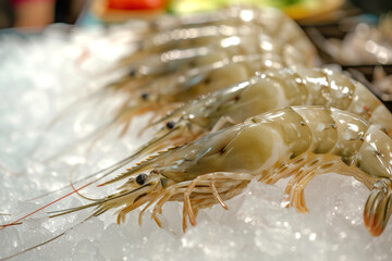 Fresh raw king prawns on ice cubes in the store close up
