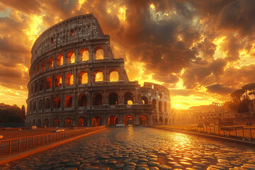 Ancient Roman architecture Colosseum under sunset historical grandeur - obrazy, fototapety, plakaty