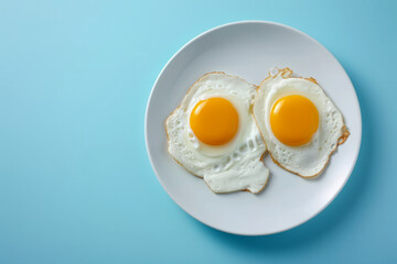 Two fried eggs on a white plate on an empty light blue background with space for text or inscriptions, top view
