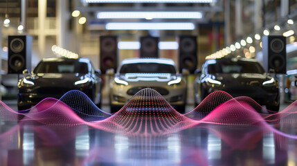 Cars parked at a motor show, and polka dotted mesh waves in front, background image about vehicles, automobile industry, automobile manufacturing and motor show