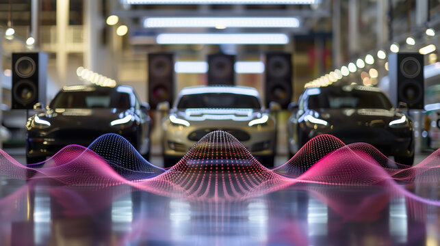 Cars parked at a motor show, and polka dotted mesh waves in front, background image about vehicles, automobile industry, automobile manufacturing and motor show
