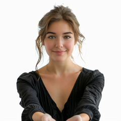 Portrait of a happy woman Give a hand of encouragement and cheerful with folded hands, isolated on white background