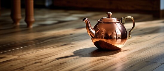 A copper tea pot sits on a wooden floor, showcasing the traditional vessel used for boiling water for tea. The warm tones of the copper contrast beautifully with the rustic texture of the wooden - obrazy, fototapety, plakaty