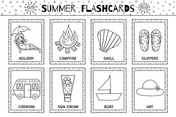 Summer flashcards black and white collection for kids. Vacations flash cards set in outline for coloring. Learning to read activity for children. Vector illustration
