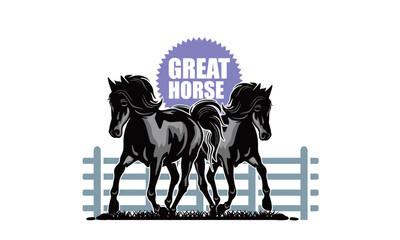 STRONG BLACK HORSE LOGO, silhouette of happy mare in farm vector illustrations