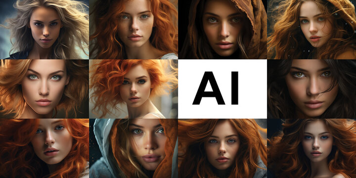 Generative AI photo examples collage. Artificial intelligence photography sample set. Group of fashion female close-up portrait. Sensual and glamour lux woman style. Digital art concept