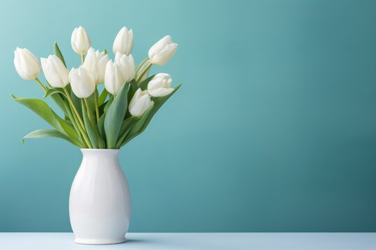 a white vase with white tulips