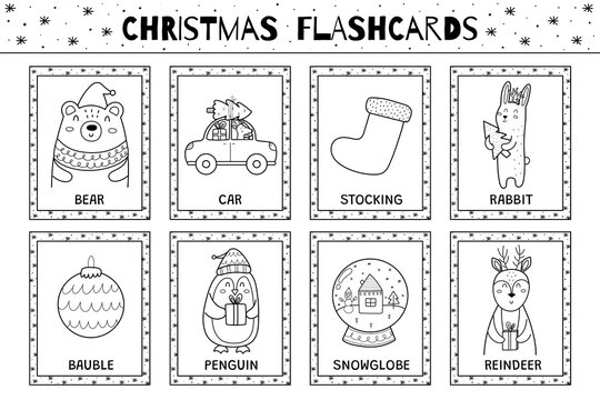 Christmas flashcards black and white collection for kids. Flash cards set with cute winter characters in outline for coloring. Learning to read activity for children. Vector illustration