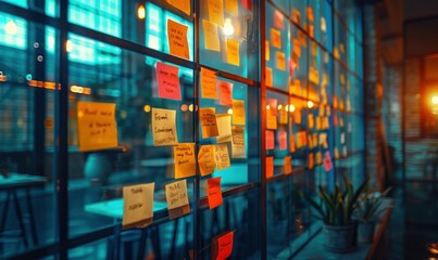 Business or creative presentation. Brainstorming with sticky paper notes on glass wall for new ideas in tech startup office - obrazy, fototapety, plakaty