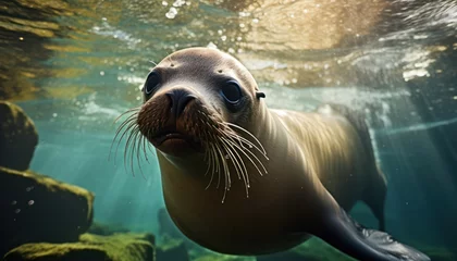 Foto op Canvas A Galapagos sea lion gracefully swims in its natural habitat, moving effortlessly through the clear blue water. The sea lions sleek body propels it forward as it navigates its aquatic environment © Anna