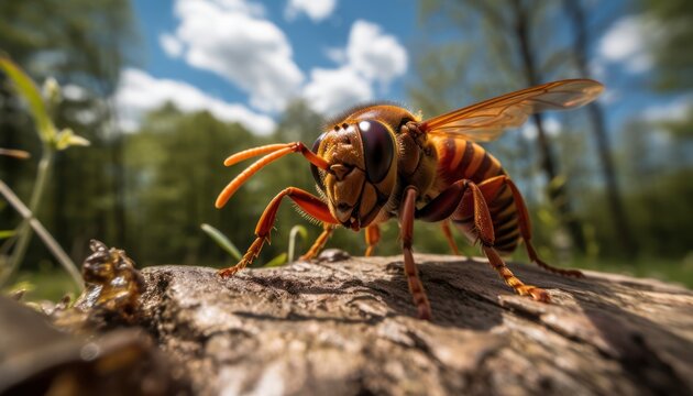 A close-up view of a European Hornet perched on a log, showcasing its intricate body structure and wings. The bee appears focused as it interacts with its surroundings in its natural habitat
