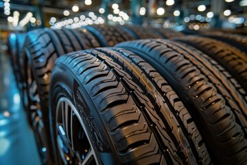 Rows of brand-new car tires arranged for sale in a spacious store