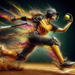 Softball: An Elaborate Illustration and Ultra High-Resolution Softball Photo with a Softball Field Stadium Background