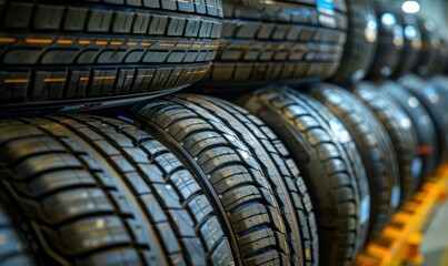 Array of car tires neatly stacked in a store, showcasing various sizes and patterns
