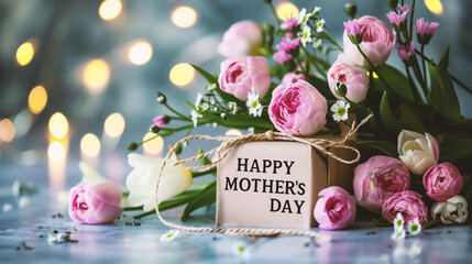 Happy Mother's Day greeting card and bouquet of pink roses