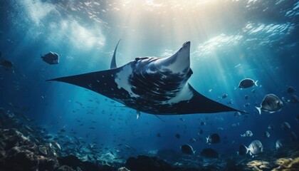 A manta ray gracefully swims through the clear blue ocean, its wings elegantly flapping to propel it forward. The sunlight filters through the water, creating a stunning scene of marine life in motion - obrazy, fototapety, plakaty