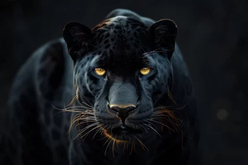 Foto op Plexiglas Portrait of a black panther with bright yellow eyes looking straight into the camera with space for text or inscriptions  © Ivan
