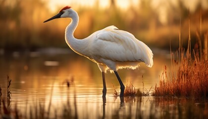 A Whooping Crane, a large white bird, is standing in a body of water, displaying its majestic presence in its natural habitat. The bird is tall, elegant, and gracefully poised, surrounded by the rippl