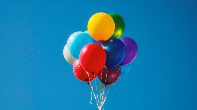 colorful balloons in the blue sky, close-up of photo