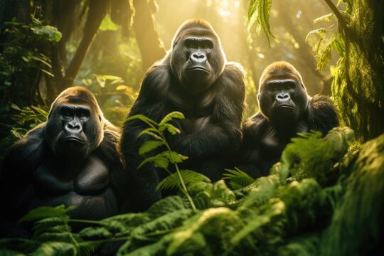 A group of gorillas in their natural rainforest habitat, Close up portrait of cute endangered primate generated by AI