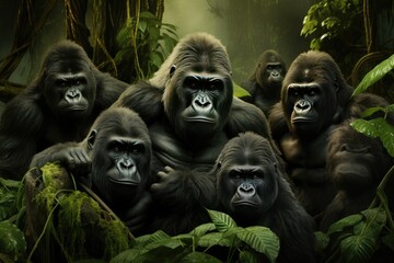 A group of gorillas in their natural rainforest habitat, Close up portrait of cute endangered primate generated by AI - obrazy, fototapety, plakaty