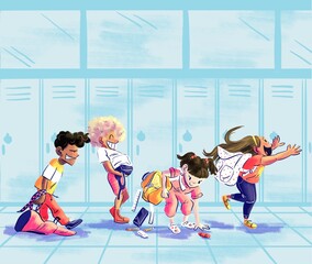 Silly School Kids With Backpacks in Line in a Hallway