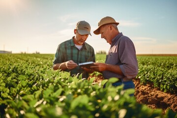 Two farmers in a field examining soy crop