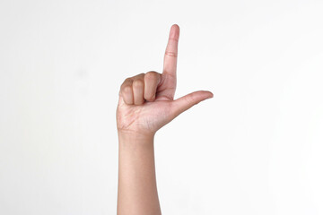 Naklejka premium Alphabet finger spelling L, in sign language isolated on white background