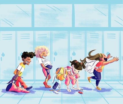 Silly School Kids With Backpacks in Line in a Hallway