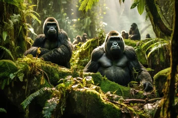 Foto op Plexiglas A group of gorillas in their natural rainforest habitat, Close up portrait of cute endangered primate generated by AI © Tanu