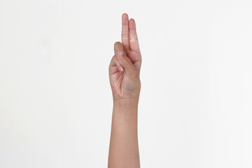 Alphabet finger spelling U, in sign language isolated on white background