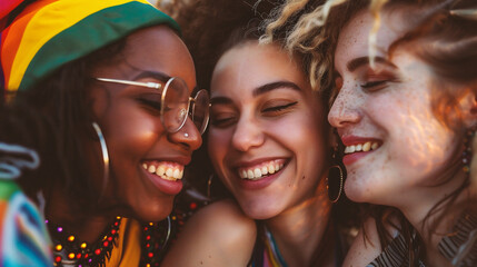 Group of young women having fun at hippie party. Multiethnic group of friends.