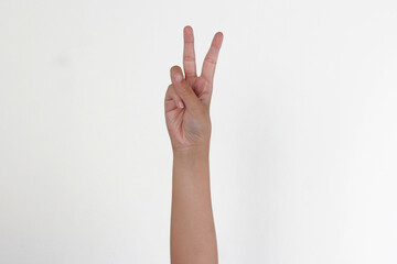 Alphabet finger spelling V, in sign language isolated on white background