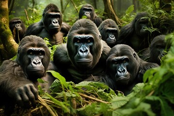 Closeup of a family group of mountain gorillas. A group of gorillas in their natural rainforest habitat, Close up portrait of cute endangered primate generated by AI