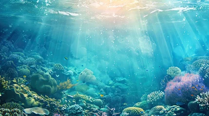  Long banner with turquoise underwater world and vivid daytime. Transparent deep water of the ocean sea with coral , rocks, fish and plants. AI Generated. © Gosgrapher