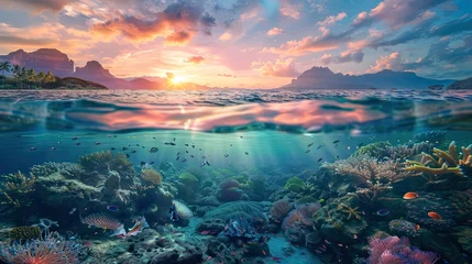 Fototapeten Long banner with turquoise underwater world and vivid daytime. Transparent deep water of the ocean sea with coral , rocks, fish and plants. AI Generated. © Gosgrapher